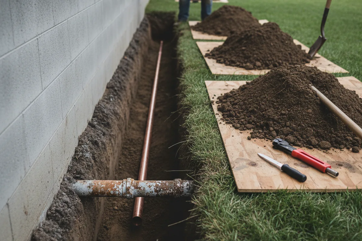 Excavated water line trench during Water Softener Installation in Iowa